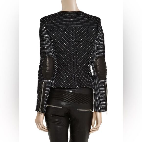 Isabel Marant Wool Silk Crista Moto Jacket Leather Trim Black Tweed Size 1 S - Picture 12 of 13